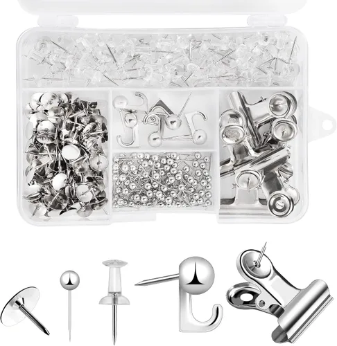 Vista 8 de Juego de 310 chinchetas, tachuelas negras decorativas para tablero de corcho con gancho para chinchetas, clip para chinchetas, 5 estilos, accesorios