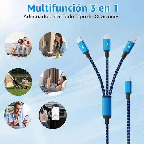 Vista 5 de Cable Divisor USB C Cable de Carga Múltiple, Cable Divisor USB C de Nylon, Cable Cargador Múltiple con 3 Tipo C Compatible con iPhone 16/15 Series