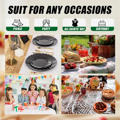 Vista 5 de SUT 72 platos de plástico negro PSC, platos desechables resistentes, platos llanos desechables negros, plato llano de plástico de 10.25 pulgadas