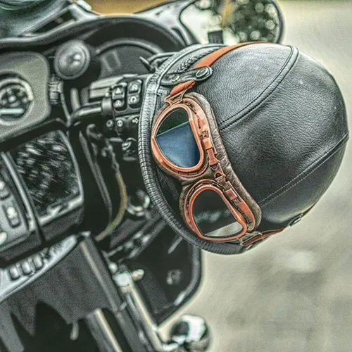 Vista 6 de Casco abierto de motocicleta eléctrica retro, medio casco de verano estilo alemán, casco de cuero vintage, casco de calavera de cuero vintage