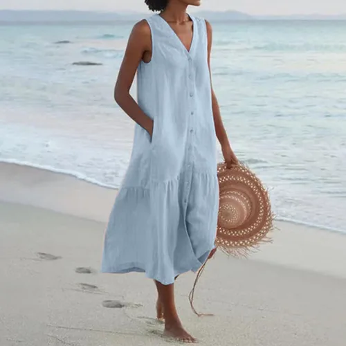 Vista 2 de EKVAHL Women's 2023 Sleeveless Tank Dress Cotton Linen Casual Comfortable Gradient Color Sundress Beach Maxi Dress Pockets