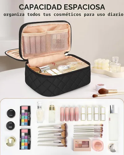 Vista 4 de Relavel Bolsa de maquillaje pequeña para mujer y niña, bolsa de maquillaje y brochas portátil de 2 capas, organizador de brochas de regalo de Navidad