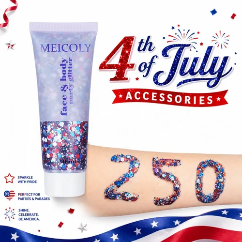 Vista 2 de MEICOLY Purpurina corporal roja, blanca y azul, accesorios del 4 de julio, purpurina para el cabello para niños, atuendos del 4 de julio