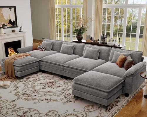 Vista 41 de Sofá modular de gran tamaño de 154 pulgadas, cómodo sofá en forma de U con 3 otomanas móviles, sofá moderno de felpilla de 7 plazas para sala