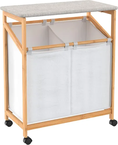 Vista 2 de ClosetMaid Cesta de bambú para ropa sucia con tabla de planchar, estación plegable, compartimentos dobles con divisor, clasificador portátil