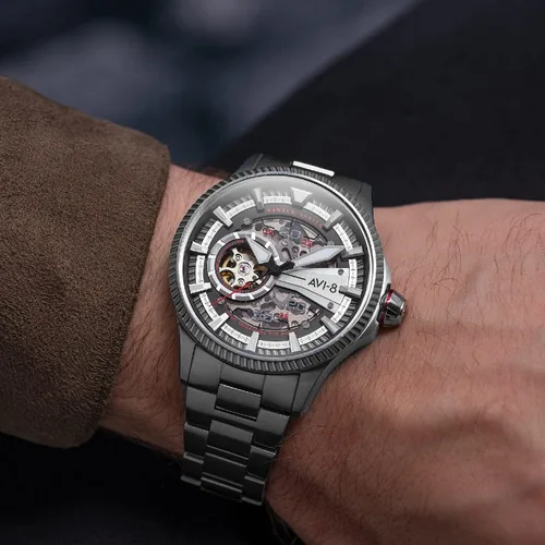Vista 7 de AVI-8 Hawker Hunter Avon Automático Diablos Rojos Con Reloj De Pulsera De Acero Inoxidable Sólido Tono Plateado 1.732in - AV-4078-22