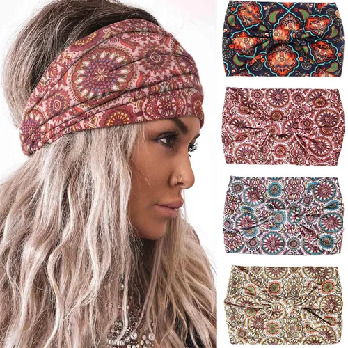 Vista 10 de Acenail Diademas anchas para mujer, turbante bohemio, diadema anudada, floral, elástica, antideslizante, para entrenamiento, yoga, bufandas