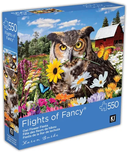 Vista 2 de Karen Burke - Rompecabezas de 550 piezas para adultos, fiesta de flores de búho, 24 x 18 pulgadas, rompecabezas de pájaro caprichoso de KI Puzzles