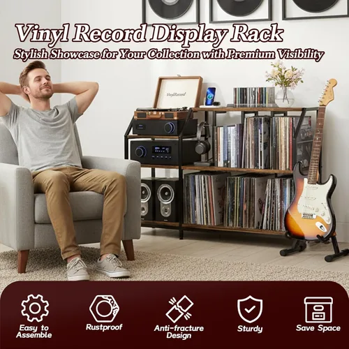 Vista 5 de Faesun - Soporte grande para tocadiscos con almacenamiento de discos de vinilo y tomas de corriente, gabinete de almacenamiento de más de 500 Marrón