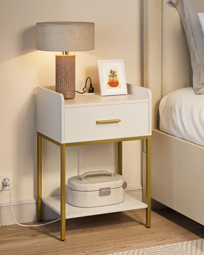 Vista 13 de Mesita de noche, mesita de noche moderna de 3 niveles, mesita de noche con cajón de almacenamiento y estante, mesa auxiliar pequeña para dormitorio