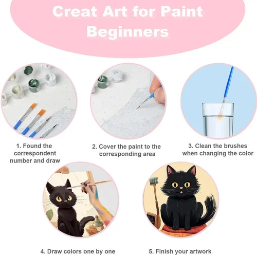 Vista 8 de Divertido kit de pintura por números de gato negro para adultos principiantes, paquete de 4 kits de pintura al óleo acrílica de gato negro