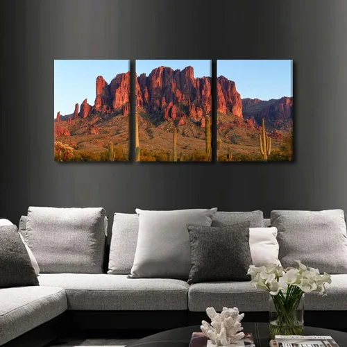 Vista 3 de TFIAVSIN Arte de pared de puesta de sol, imágenes de paisajes de Arizona, superstición, pinturas de montañas, 3 piezas, lienzo impreso, obra de arte
