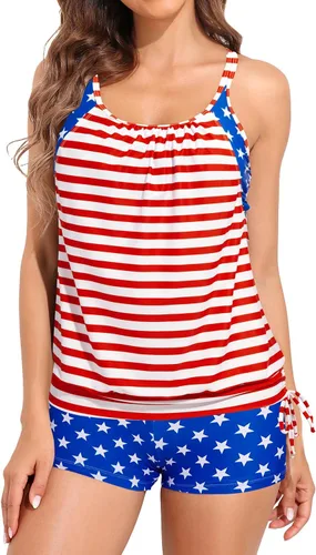 Vista 5 de Traje de baño tankini de dos piezas con control de abdomen y pantalones Bandera estadounidense