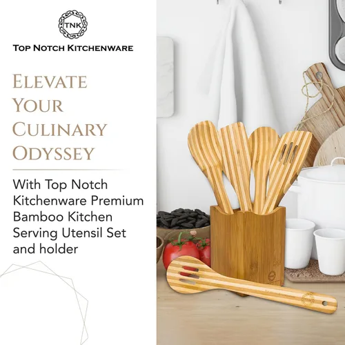 Vista 2 de Top Notch Kitchenware Juego de utensilios de cocina de bambú (5 piezas) con soporte de bambú Utensilios de servir de primera calidad Utensilios