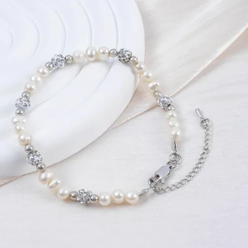 Vista 7 de Rosedate Pulsera de perlas naturales con incrustaciones de diamantes, pulsera de flores doradas, elegante y exquisita para mujeres y niñas, regalo