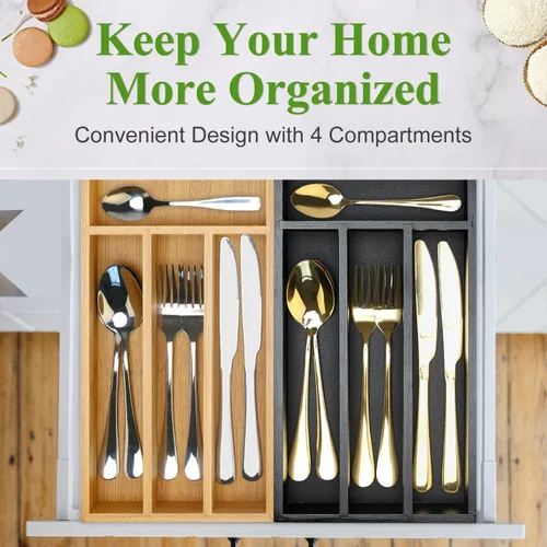 Vista 6 de Ayiaren Bandeja organizadora de cubiertos de madera pequeña, divisores estrechos para cajones de cocina, organizadores de utensilios