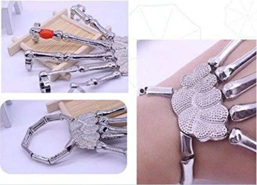 Vista 6 de Lingduan Anillo de pulsera de esqueleto de metal con dedos de calavera gótica para Halloween, moda para mujer, cadena de mano, aleación