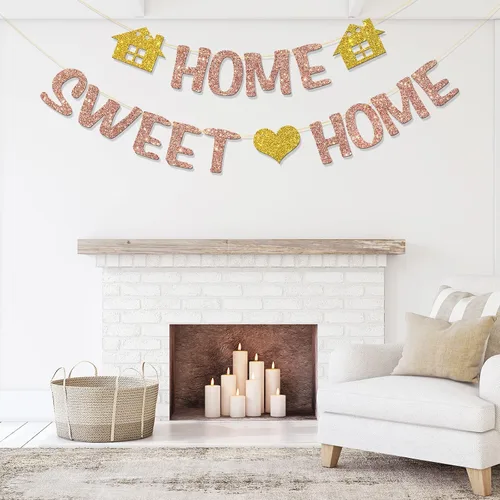 Vista 6 de Home Sweet Home Banner – Suministros para fiestas de bienvenida a casa – Decoración de fiesta de inauguración de la casa – Purpurina de oro rosa