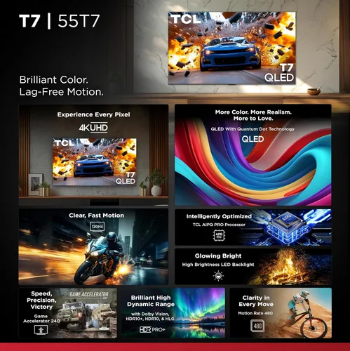 Vista 3 de TCL 55 Pulgadas Clase Serie T7 4K QLED HDR 55T7, Modelo 2025 Smart Google TV de 120HZ Frecuencia de Actualización, Alta Brillo, Dolby Atmos