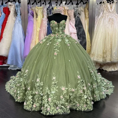 Vista 3 de Zhangyo Vestidos de quinceañera con apliques de encaje con tren, vestido de baile hinchado para mujer, sin tirantes, flores 3D, vestido de fiesta