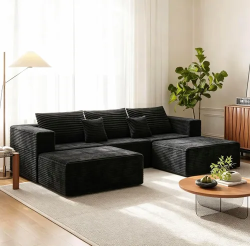 Vista 22 de Sofá modular de pana de 106 pulgadas, sofá en forma de L deshuesado con asiento profundo, sofá de espuma de nube con diván de gran tamaño, sofá Negro