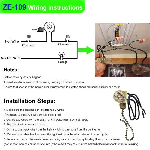 Vista 7 de Interruptor de luz para ventilador de techo Zing Ear ZE-109 de dos cables con cordones de tracción, interruptor de control de encendido/apagado