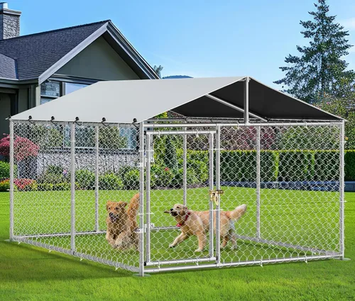 Vista 10 de YITAHOME Perrera para perros al aire libre con comederos giratorios, recinto para perros al aire libre de 7.5 x 7.5 pies con techo, jaula resistente