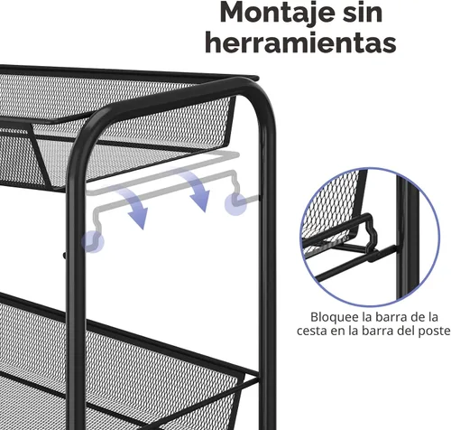 Vista 4 de TOOLF - Carrito con ruedas de 3 niveles, carrito de almacenamiento de metal Negro