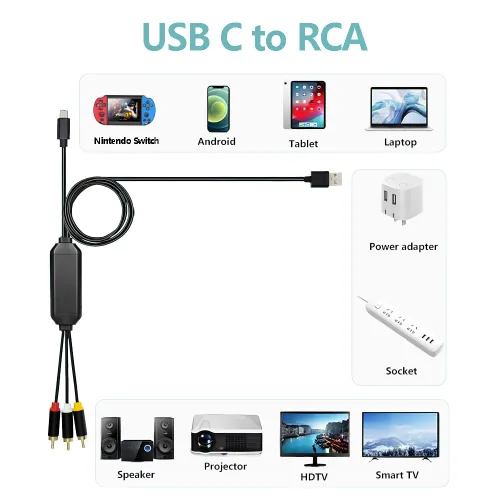 Vista 7 de Adaptador de cable USB-C a RCA, espejo de pantalla con cable de 6 pies