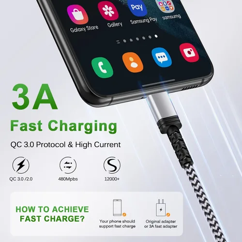Vista 2 de Paquete de 3 cables USB tipo C para Samsung S26 S25 S24 S23 de carga rápida USB C a USB A Android Phone C para Galaxy S26Ultra/A17 A16 5G/Z