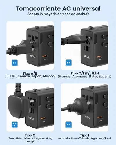 Vista 6 de VINTAR Adaptador de viaje universal de 70W GaN, adaptador de corriente 70W negro