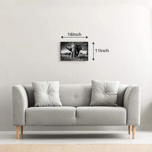 Vista 2 de Arte de pared blanco y negro de elefante – Pintura rústica en lienzo – Imagen de animales africanos – Obra de arte natural para decoración de baño