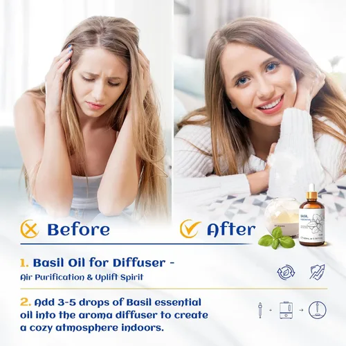 Vista 2 de HIQILI Aceite esencial de albahaca, 100% puro y natural, difusor para dormitorio, yoga, meditación para relajación y calma, crecimiento del cabello