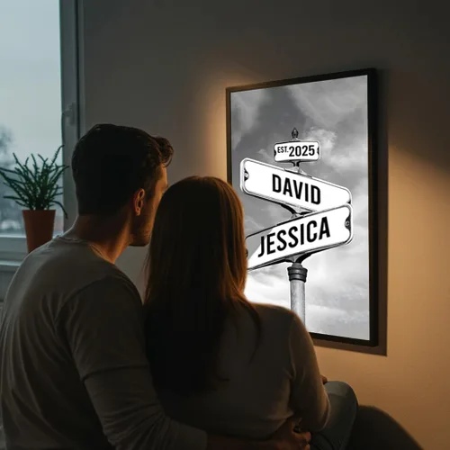 Vista 5 de Señal de calle vintage personalizada para parejas en lienzo, nombres y fecha personalizados, regalos de Navidad para ella o él, regalo del Día
