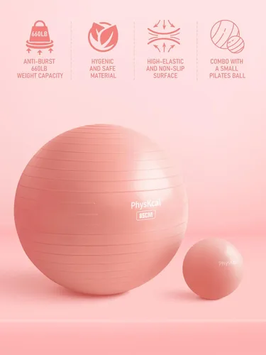 Vista 2 de PhysKcal Pelota de yoga para ejercicio, set de pilates, pelota de fitness de 4 tamaños para entrenamiento, parto, embarazo, terapia física - Bomba