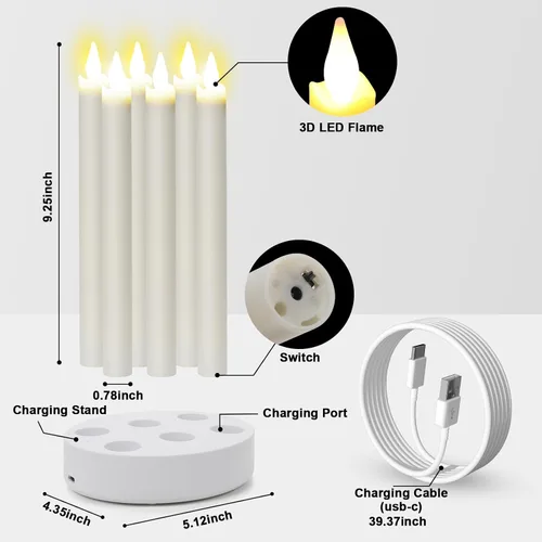 Vista 7 de Velas cónicas recargables sin llama, 6 unidades, velas LED cónicas parpadeantes con estación de carga y temporizador remoto para boda, Navidad