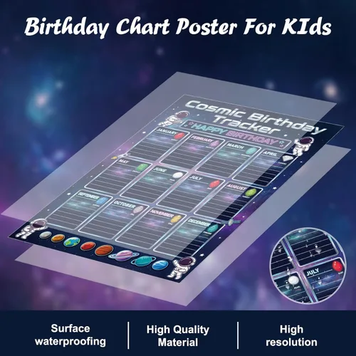 Vista 3 de WhatSign Calendario de cumpleaños para el aula, póster de tabla de cumpleaños de 12 x 16 pulgadas con piedras de nacimiento, sistema solar