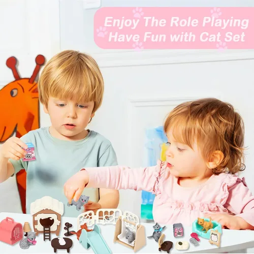 Vista 2 de SweetAce 43 piezas de juguetes de gato para niños, juego de simulación, set de juego de figuras de gato, juguete para niños pequeños, juego de rol