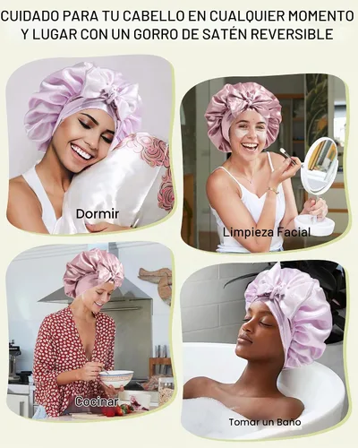 Vista 7 de Gorras de satén de seda para mujeres, envoltura de cabello rizado para dormir, gorra reversible con banda de corbata, gorra de dormir de doble capa