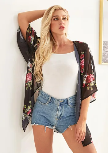 Vista 8 de Cárdigan tipo kimono de manga abombada con estampado floral para mujer, blusa informal