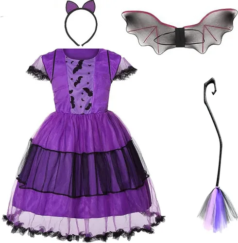 Vista 3 de Disfraz de murciélago para niñas, disfraz de tutú de bruja, disfraz de cosplay con escoba de bruja desmontable