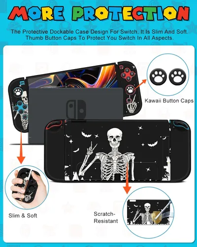 Vista 5 de 9in1 Skull Skeleton Switch Oled Case for Nintendo Switch Oled Carrying Cases Boy Hard Protective Cover Dockable Skin+Thumb Grips+Game