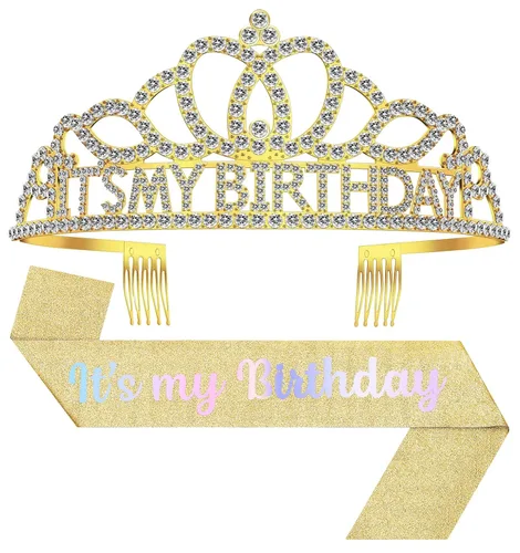 Vista 25 de Tiara de cumpleaños y corona con banda, tiara de cumpleaños para fiesta de mujeres (rosa)