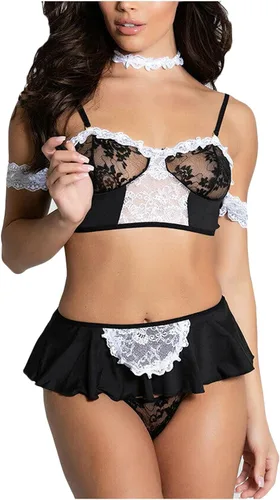 Vista 2 de Vestido sexy de criada de tres puntos con corte de encaje para mujer, uniforme de sirvienta, sexy minifalda transparente