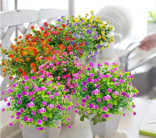 Vista 4 de 8 paquetes de flores falsas para decoración del hogar, porche delantero, flores artificiales para exteriores, ramo de boda, flores sintéticas