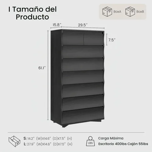 Vista 2 de Cómoda alta negra para dormitorio, cómoda de 61.1" de alto con 8 cajones, cómodas de madera y cómodas con cajones, organizadores de cajones Negro