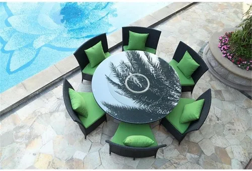 Vista 2 de Manhattan Comfort Nightingdale - Juego de comedor para exteriores de 7 piezas con cristal redondo Lazy Susan, incluye 6 sillas de ratán, cojines
