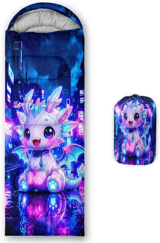 Vista 22 de QOOMO Axolotl - Lindos sacos de dormir para campamento, 3 estaciones, clima cálido y fresco, ligeros, impermeables, para adultos y niños, viajes