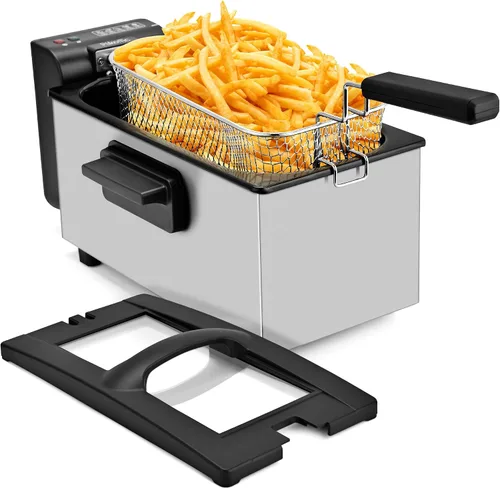 Vista 10 de Pukomc Freidora Eléctrica Profunda, Capacidad de Aceite de 1.5 Litros/1.6 Qt, Freidora Profunda Pequeña con Cesta para Uso Doméstico, Laterales