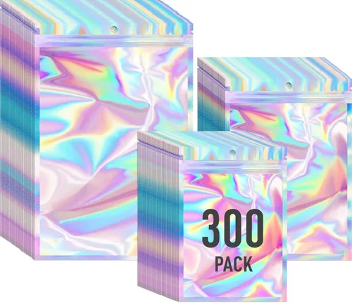 Vista 18 de ANZNKU 300 bolsas holográficas de Mylar resellables, bolsas resellables de 4x6 pulgadas para pequeñas empresas, bolsa de kit para resaca a prueba